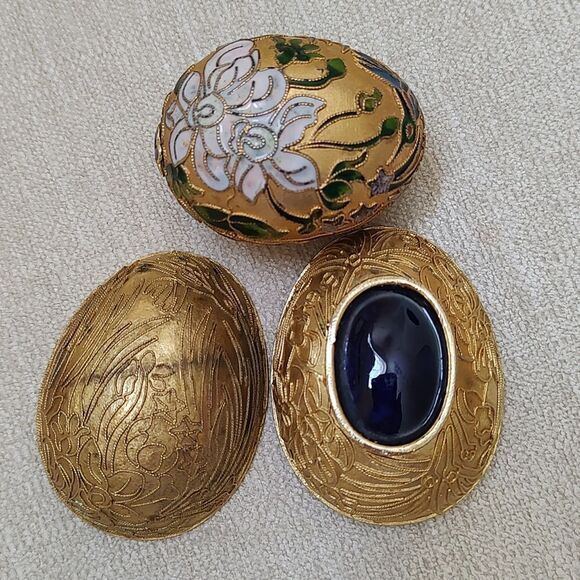 Cloisonne Gold Nesting Egg and Box Hand Painted Enamel Floral and Bird Vintage - Picture 9 of 11